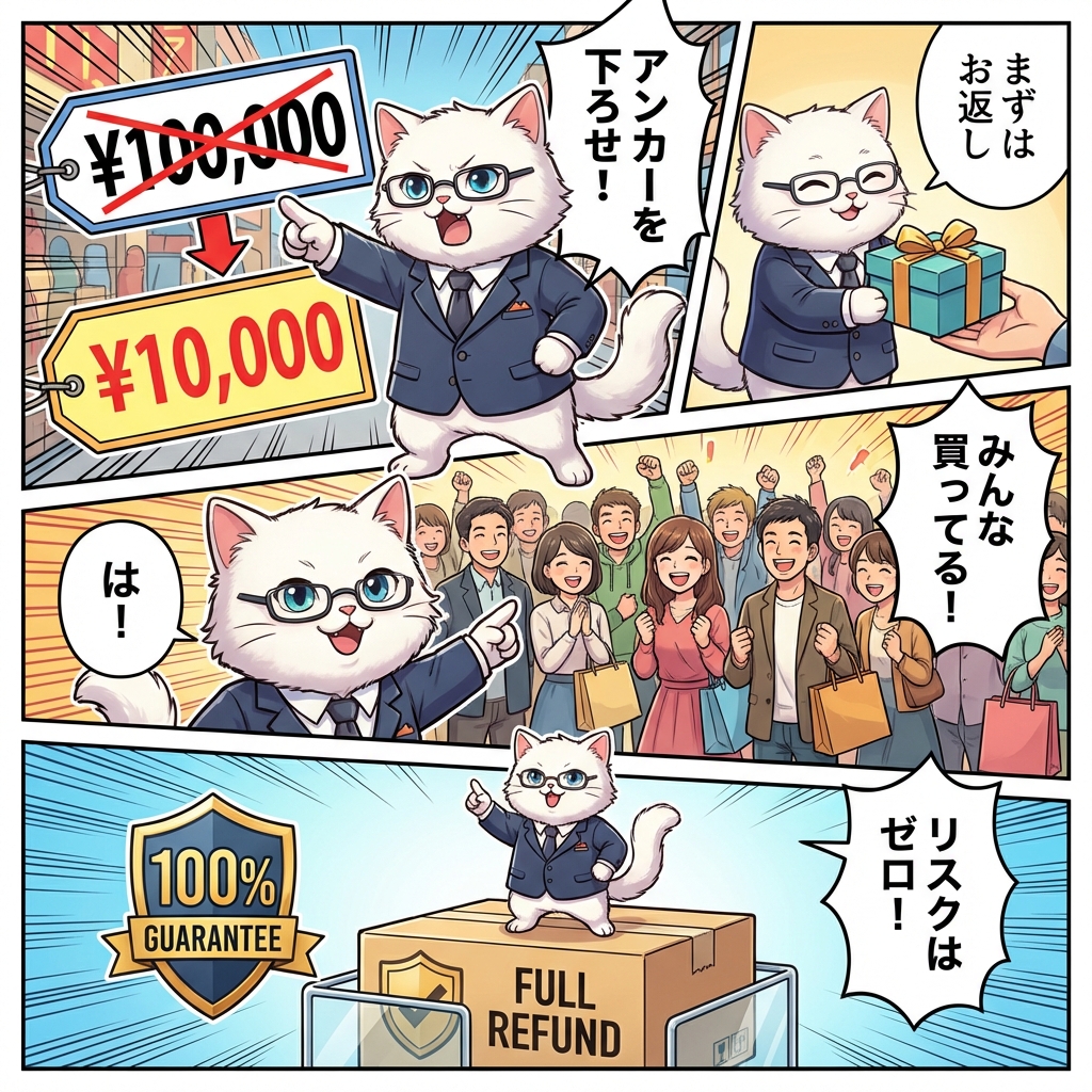 お客さんの購買意欲を動かす心理トリガーを解説した4コマ漫画